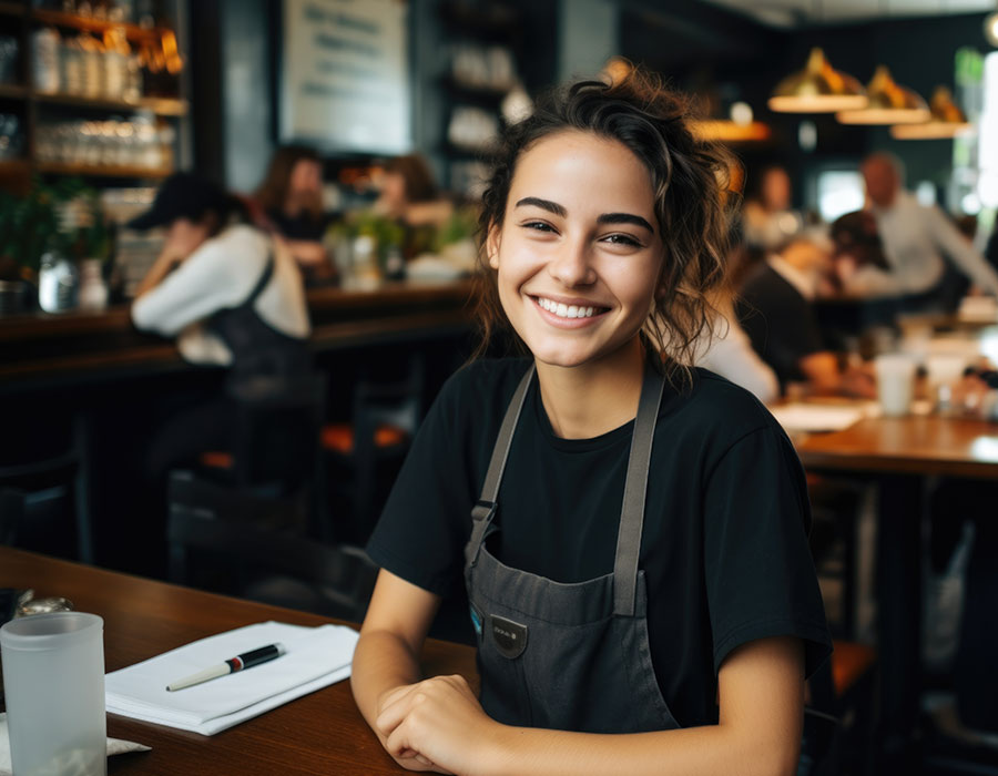 Cheerful young waitress wearing apron smiling looking at camera